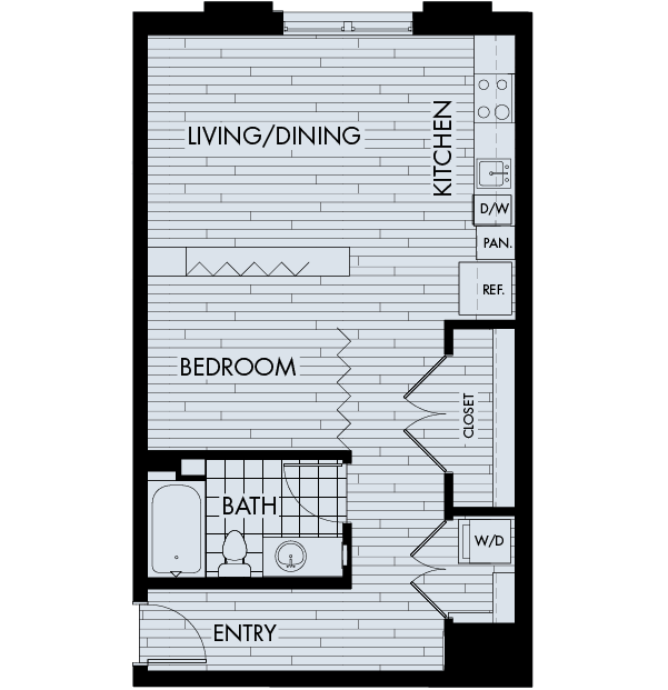 Floor plan SC. A one bath studio floor plan at The York on City Park Apartments in City Park West.